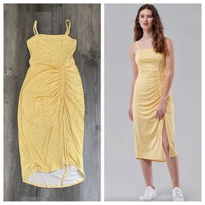 Hollister Midi Dress Cinched Yellow White Floral Adjustable Small Stretch